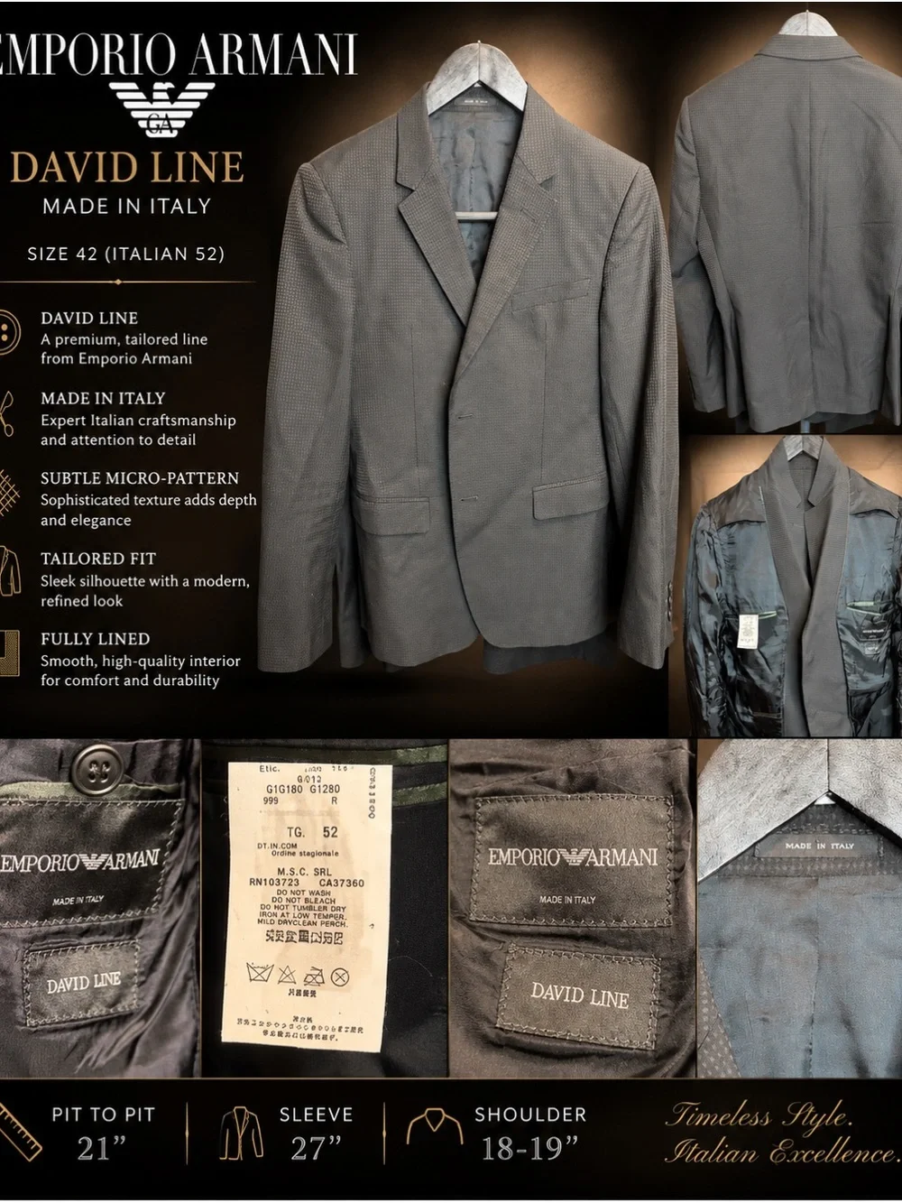 Emporio Armani David Line Black Micro-Pattern Blazer — Made in Italy - Sz.42